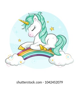Cute magical unicorn and rainbow. Vector design isolated on white background. Print for t-shirt or sticker. Romantic hand drawing illustration for children. 