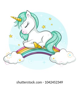 Cute magical unicorn and rainbow. Vector design isolated on white background. Print for t-shirt or sticker. Romantic hand drawing illustration for children. 