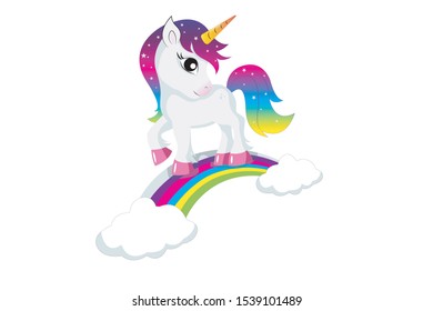 Cute magical unicorn and rainbow. Vector design isolated on white background. Print for t-shirt or sticker.  