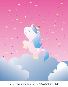 Cute magical unicorn and rainbow vector illustration 