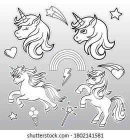 Unicornio mágico y arcoíris. Diseño vectorial aislado en fondo blanco.