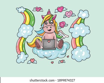 Unicornio mágico y arcoíris. Diseño de vectores aislado. Imprimir para camiseta o pegatina. Ilustración romántica de dibujos a mano para niños.