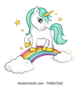 Cute magical unicorn and rainbow.  Vector design isolated on white background. Print for t-shirt or sticker. Romantic hand drawing illustration for children.