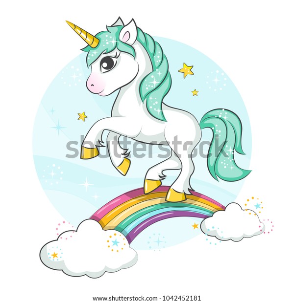 Cute magical unicorn and rainbow wallpaper mural. Vector design isolated on white background. Print for t-shirt or sticker. Romantic hand drawing illustration for children. 