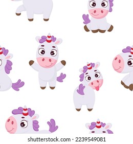 Cute magical unicorn seamless childish pattern. Funny magic unicorn cartoon character for fabric, wrapping, textile, wallpaper, apparel. Vector illustration