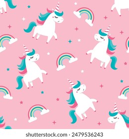 Cute magical unicorn seamless pattern on pink background, Designs for newborn,baby or children's textile, kids fabric, children's clothing, childish pattern flat Vector illustration