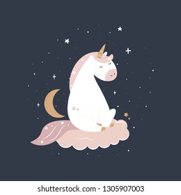 Cute magical unicorn sitting on a cloud in pastel colours. Print for t-shirt, greeting card or sticker. Vector illustration