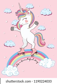 Cute magical unicorn skating on rainbow vector illustration for children books, t-shirt graphics, patterns, greeting cards.