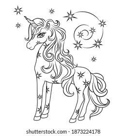 Cute magical unicorn with stars. Black outline. Vector design isolated on white background. Romantic hand drawing illustration for children. Coloring picture.