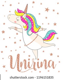 Cute magical unicorn and stars. Vector design isolated on white background. Print for t-shirt or sticker. Romantic hand drawing illustration for children.