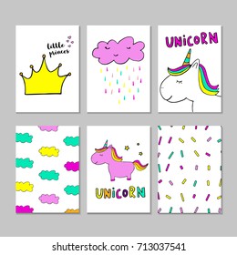 Cute magical unicorn, umbrella, princes, 6 postcard. Sweet kids graphics for t-shirts, baby shower,  poster, banner, scrapbook, sticker, invitation design. Vector illustration with doodle nursery art.