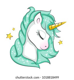 Cute magical unicorn. Vector design isolated on white background. Print for t-shirt or sticker. Romantic hand drawing illustration for children. 