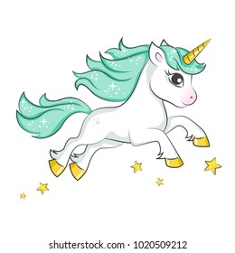 Cute magical unicorn. Vector design isolated on white background. Print for t-shirt or sticker. Romantic hand drawing illustration for children. 