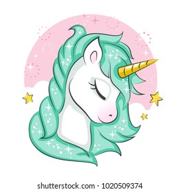 Zauberhaftes Einhorn. Vektordesign einzeln auf weißem Hintergrund. Druck für T-Shirt oder Aufkleber. Romantische Handzeichnung für Kinder. 