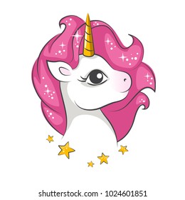Cute magical unicorn. Vector design on white background. Print for t-shirt. Romantic hand drawing illustration for children.