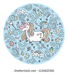 Cute magical unicorn.  Vector design isolated on white background. Romantic hand drawing illustration for children. Cute unicorn, clouds,rainbow and stars.Cute Magical Unicorn Head Vector Design