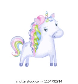 Cute magical unicorn. Vector design on white background. Print for t-shirt. Romantic hand drawing illustration for children.