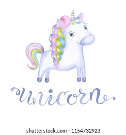 Cute magical unicorn. Vector design on white background. Print for t-shirt. Romantic hand drawing illustration for children.