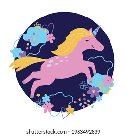 Cute magical unicorn. Vector design on white background. Print for t-shirt. Romantic hand drawing illustration for children