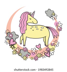 Cute magical unicorn. Vector design on white background. Print for t-shirt. Romantic hand drawing illustration for children