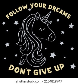 Cute magical unicorn. Vector design isolated on stars background. Print for t-shirt or sticker. Romantic hand drawing illustration for children