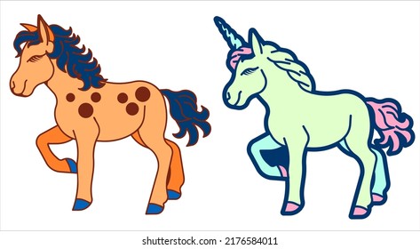 Unicornio mágico lindo. Diseño vectorial aislado en fondo blanco. Imprimir para camiseta o pegatina. Ilustración romántica de dibujos a mano para niños.