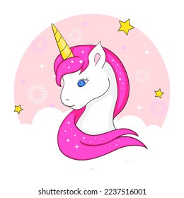 Cute magical unicorn. Vector design isolated on white background. Print for t-shirt or sticker. Romantic hand drawing illustration for children
