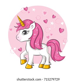 Cute magical unicorn. Vector design on white background. Print for t-shirt. Romantic hand drawing illustration for children.