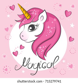 Cute magical unicorn. Vector design on white background. Print for t-shirt. Romantic hand drawing illustration for children.