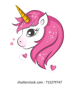 Cute magical unicorn. Vector design on white background. Print for t-shirt. Romantic hand drawing illustration for children.