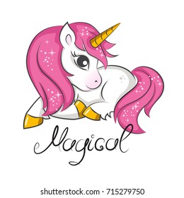 Cute magical unicorn. Vector design on white background. Print for t-shirt. Romantic hand drawing illustration for children.