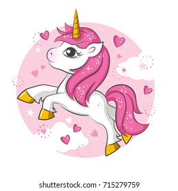 Cute magical unicorn. Vector design on white background. Print for t-shirt. Romantic hand drawing illustration for children.