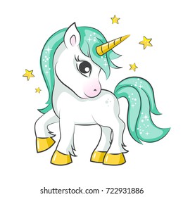 Cute magical unicorn. Vector design on white background. Print for t-shirt or sticker. Romantic hand drawing illustration for children.