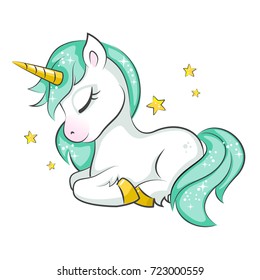 Cute magical unicorn. Vector design on white background. Print for t-shirt or sticker. Romantic hand drawing illustration for children.