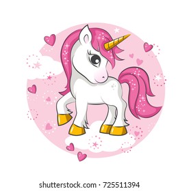 Cute magical unicorn. Vector design on white background. Print for t-shirt. Romantic hand drawing illustration for children.