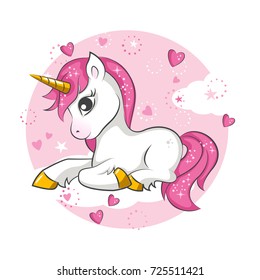 Cute magical unicorn. Vector design on white background. Print for t-shirt. Romantic hand drawing illustration for children.