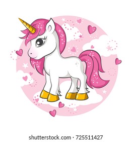 Cute magical unicorn. Vector design on white background. Print for t-shirt. Romantic hand drawing illustration for children.