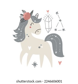 Cute magical unicorn. Vector hand drawn illustration. Beautiful fantasy cartoon animal. Great for kids party, greeting cards, invitations, clothing print