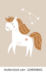 Cute magical unicorn. Vector hand drawn illustration. Beautiful fantasy cartoon animal. Great for kids party, greeting cards, invitations, clothing print