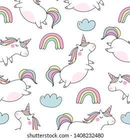 Cute magical unicorn vector illustration. Cool summer seamless pattern with unicorn. Can be used for T-shirt design and children's room decor.