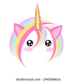 Unicornio mágico lindo. Ilustración vectorial de una cabeza de unicornio. Ilustración romántica de dibujos a mano para niños.