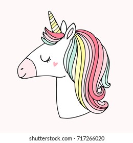Cute magical unicorn vector illustration in rainbow colors. Sweet kids graphic.