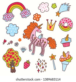 Cute magical unicorn.   Vector set design . Romantic hand drawing illustration for children.