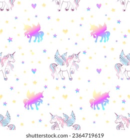 Cute magical unicorn with wings, hearts and stars. Seamless pattern on a white background. Romantic vector illustration for children.