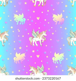Cute magical unicorn with wings, hearts and stars. Seamless pattern on a reinbow background. Romantic vector illustration for children.