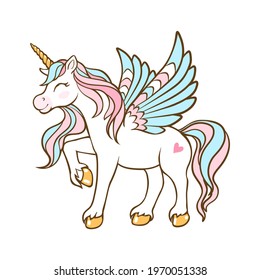 Cute magical unicorn with wings. Illustration for children. Vector design isolated on white background. Romantic hand drawing illustration for children.