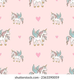 Unicornio mágico lindo con alas. Ilustración para niños. Diseño vectorial aislado en fondo blanco. Ilustración romántica de dibujos a mano para niños.