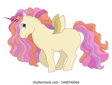 Cute magical unicorn with wings, vector illustration for children design. Rainbow hair. Isolated.