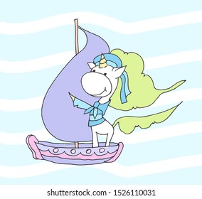 Cute magical unicorns for kids - unicorn smiling and floating on a ship in the form of a sailor. Print for t-shirt, cover or sticker. Funny hand drawing illustration for children. Vector illustration.