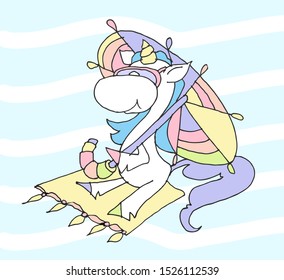 Cute magical unicorns for kids - unicorn sitting on a rug under an umbrella in sunglasses. Print for t-shirt, cover or sticker. Funny hand drawing illustration for children. Vector illustration.